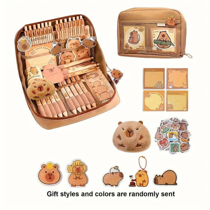 31pcs Capybara Stationery Set, Cute Capybara Pencil Case, Multi-Layer School Pencil Box with Stickers, Keychain, Brooch