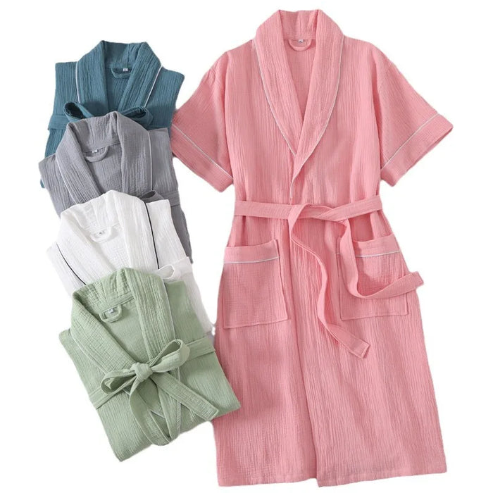 100% Cotton Double Layer Gauze Robes Women&Men Summer Thin Short Sleeves Bathrobe Nightgown Home Service Solid Hotel Bathrobe