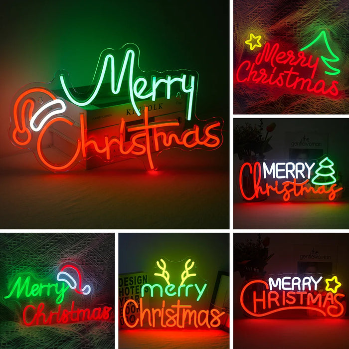 Merry Christmas Neon Sign Christmas Hat Dimmable LED Sign
