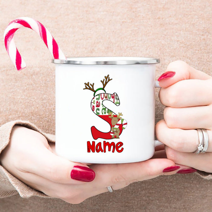 Personlized Reindeer Initial with Name Enamel Cups Christmas Hot Chocolate Mug