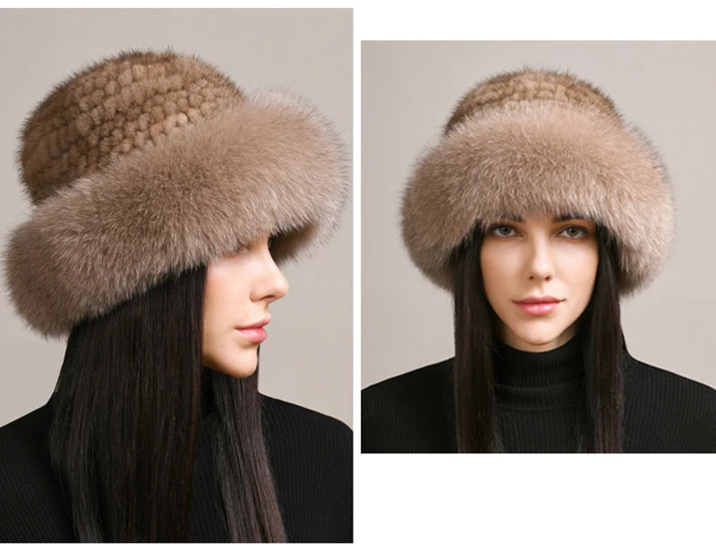 New Women Winter Luxury Knitted Real Mink Fur Bomber Hat Natural Warm Fox Fur Cap Girls Quality Soft 100% Genuine Mink Fur Hats
