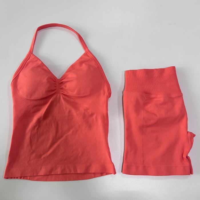 2Pcs Impact Gym Set Women Backless Tank Tops High Waist Scrunch Seamless Shorts Gym Suit Fitness Clothes Activewear Workout Sets