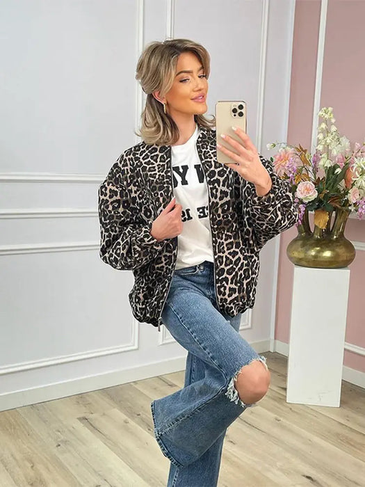 Fashion Leopard Zipper Long Sleeved Women's Jacket Retro Round Neck