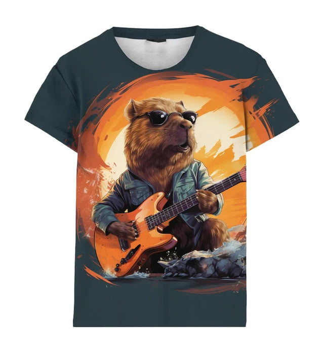 Fashion Fun Capybara Print T-shirt For Men's Clothing Soft Short Sleeve T Shirts Street Harajuku Trend Hip Hop Music Tee Top