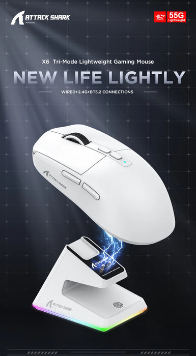 Attack Shark X6 PAW3395 Bluetooth Mouse,Tri-Mode Connection,RGB Touch Magnetic Charging Base