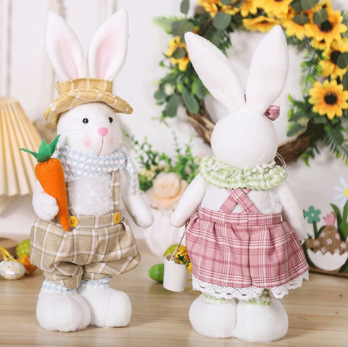 Easter Decorative Rabbit Cartoon Retractable Leg Couple Rabbit Doll Home Ornament Overalls Skirt Bunny Doll Easter Party Gifts