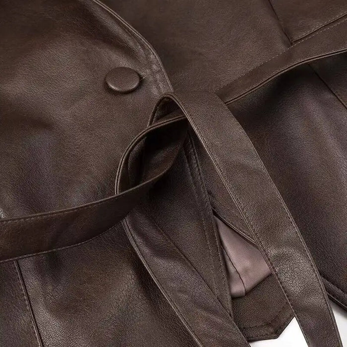 Fashion Lapel Lace Up Pu Leather Jacket Long Sleeve