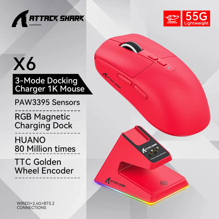 Attack Shark X6 PAW3395 Bluetooth Mouse,Tri-Mode Connection,RGB Touch Magnetic Charging Base