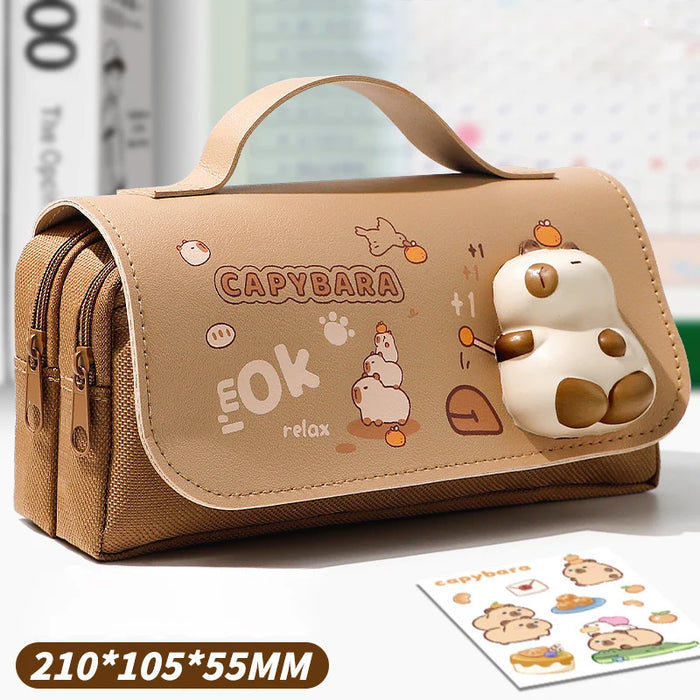 Kawaii Capybara Large Capacity Pencil Case with Stress Relief Function Cute Pens Bag with Pressable Toy for Students Stationery