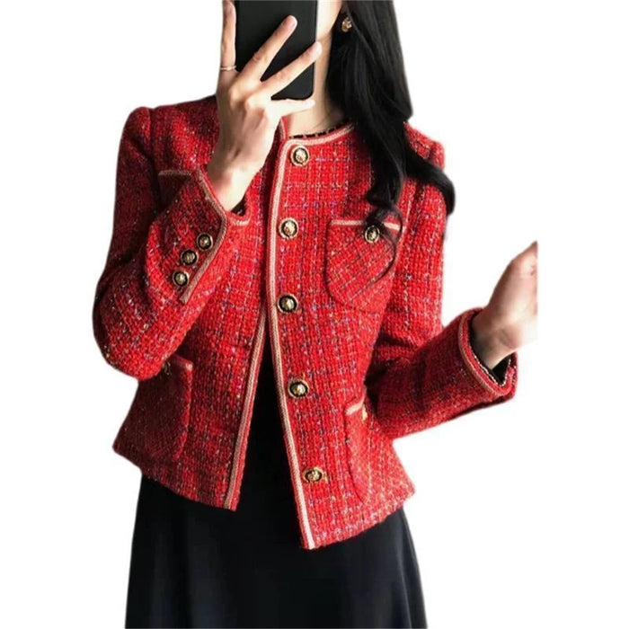 Vintage Red Tweed Coat French Vintage Loose and Versatile