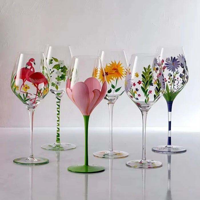 1 Piece Hand Painted Glass Goblet Cup Creative Red Wine Glasses Whisky Cup Flower Painted Stemware for Wedding Party Events