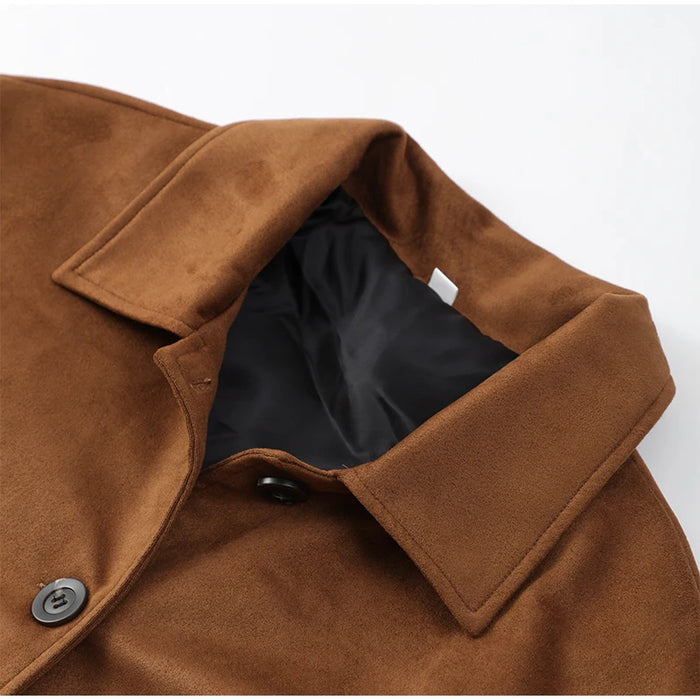 Retro Caramel Suede Leather Blazer Lapel Casual Single Breasted Loose Pocket