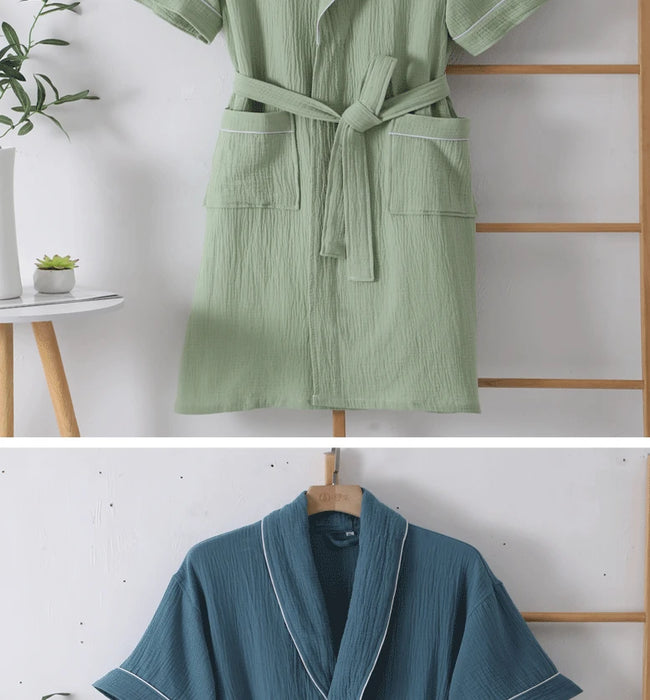 100% Cotton Double Layer Gauze Robes Women&Men Summer Thin Short Sleeves Bathrobe Nightgown Home Service Solid Hotel Bathrobe