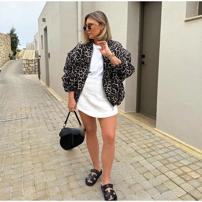 Fashion Leopard Zipper Long Sleeved Women's Jacket Retro Round Neck