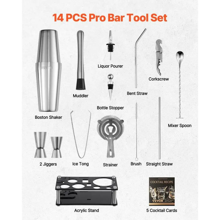 14 Pcs Stainless Steel Cocktail Shaker Set Professional Bartending Kit for Home Party Mixing Drinks