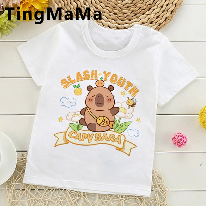 Kids Basic T-shirt Women Men Capybara Tees 3-10Years Children Short Sleeved Clothes Boys Girls Round Neck Tops Birthday Gifts