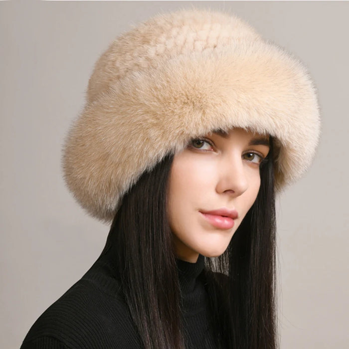 New Women Winter Luxury Knitted Real Mink Fur Bomber Hat Natural Warm Fox Fur Cap Girls Quality Soft 100% Genuine Mink Fur Hats