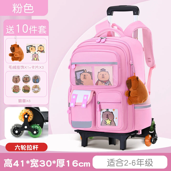 Capybara Children Cartoon School Backpack with Wheels Students Bags for Girls Boys Trolley  Schoolbag Rolling Wheeled Backpacks