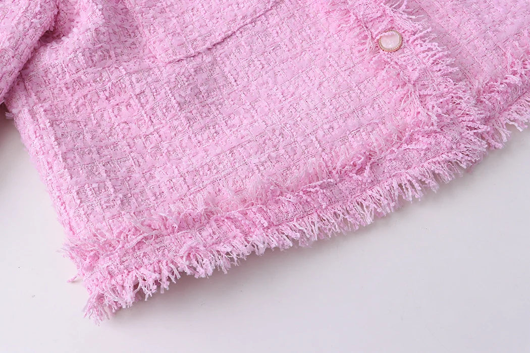 Pink Fringe Fur Shoulder Pad Tweed Jacket Blazer Boucle Crop Coat
