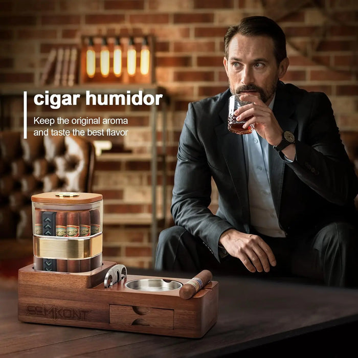 Cigar Humidor Cigar Ashtray Set Wooden Jar With Hygrometer Humidifier Cigar Gifts for Men
