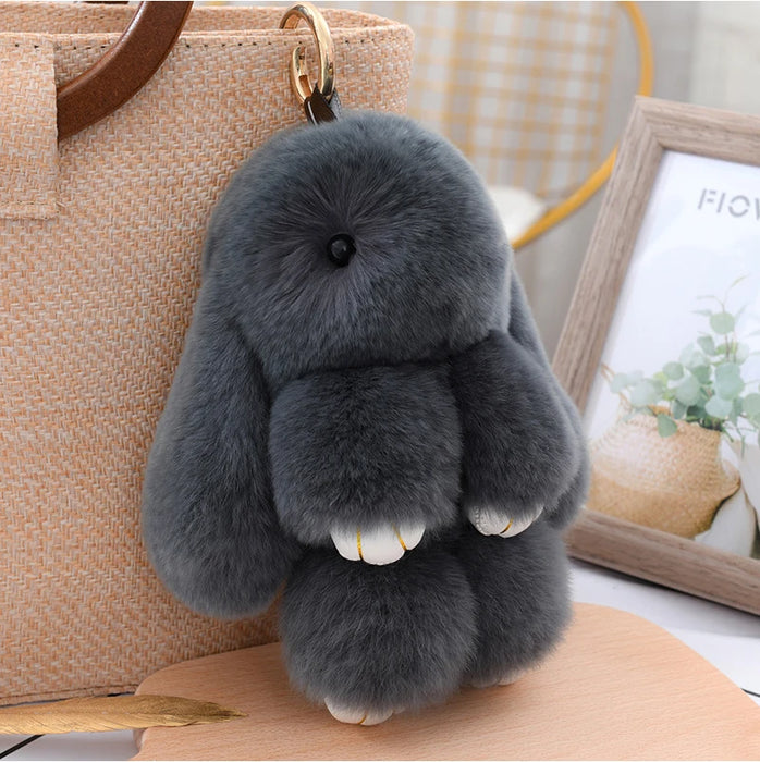 Fluffy Cute Bunny 18CM Real Fur Keychain Rex Rabbit Pom Pom Gift Toy Doll Women Bag Pendant Charm Car Key Keyring Metal ring