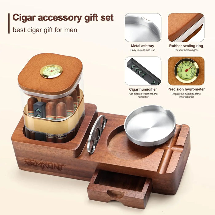 Cigar Humidor Cigar Ashtray Set Wooden Jar With Hygrometer Humidifier Cigar Gifts for Men