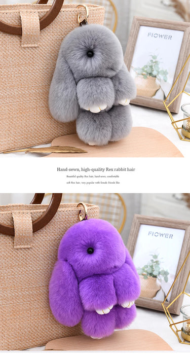 Fluffy Cute Bunny 18CM Real Fur Keychain Rex Rabbit Pom Pom Gift Toy Doll Women Bag Pendant Charm Car Key Keyring Metal ring