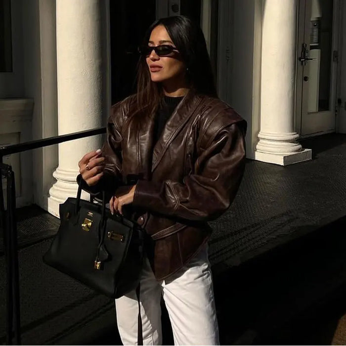 Fashion Lapel Lace Up Pu Leather Jacket Long Sleeve