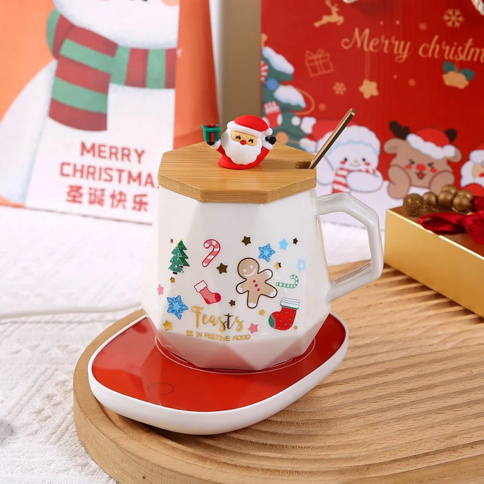 Christmas Gift Set: Warm 55℃ Ceramic Mug with Lid featuring Santa Claus for Office or Home Use