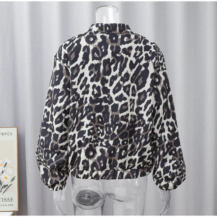 Fashion Leopard Zipper Long Sleeved Women's Jacket Retro Round Neck