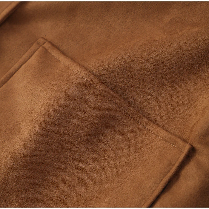 Retro Caramel Suede Leather Blazer Lapel Casual Single Breasted Loose Pocket
