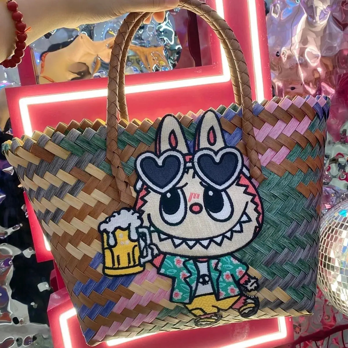 Cartoon Creativity Labubu Hand Woven Women's Shoulder Bag Handbag Cute High-Capacity Student Commuting Package Practical Gift
