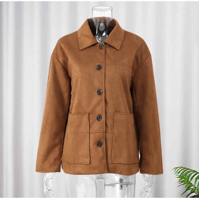 Retro Caramel Suede Leather Blazer Lapel Casual Single Breasted Loose Pocket