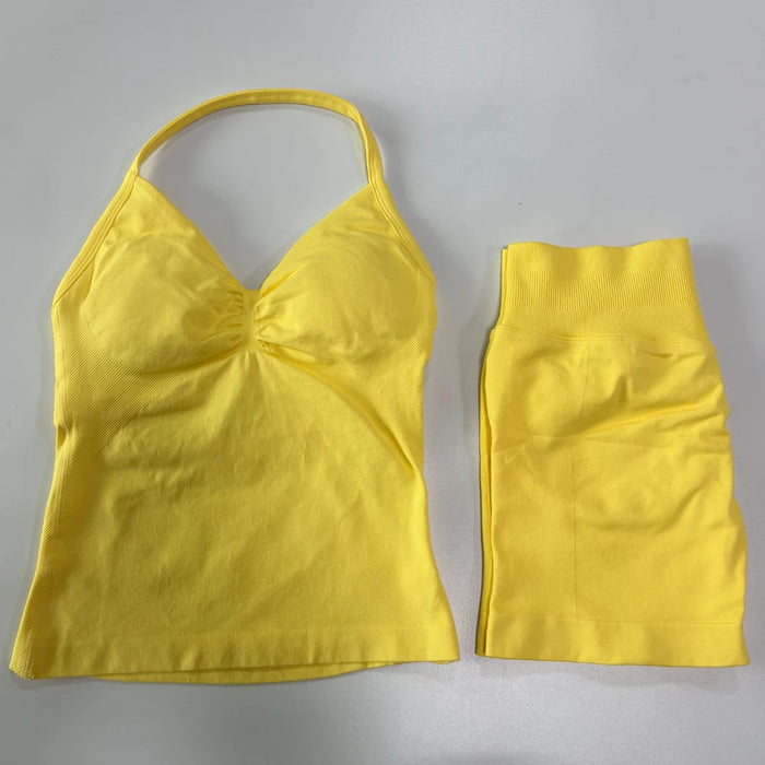 2Pcs Impact Gym Set Women Backless Tank Tops High Waist Scrunch Seamless Shorts Gym Suit Fitness Clothes Activewear Workout Sets