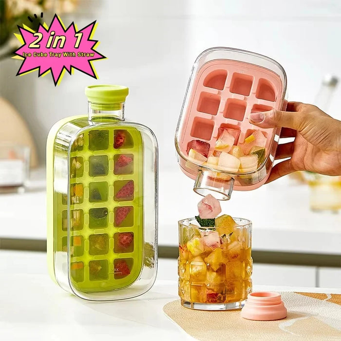 Summer Ice Cube Tray With Straw 2 in1 Ice Tray And Water Bottle For Ice Maker Silicone Ice Cube Portable Kettle Reusable Icecup