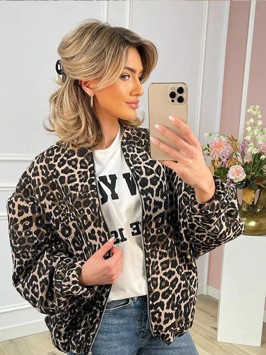 Fashion Leopard Zipper Long Sleeved Women's Jacket Retro Round Neck