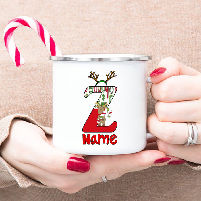 Personlized Reindeer Initial with Name Enamel Cups Christmas Hot Chocolate Mug