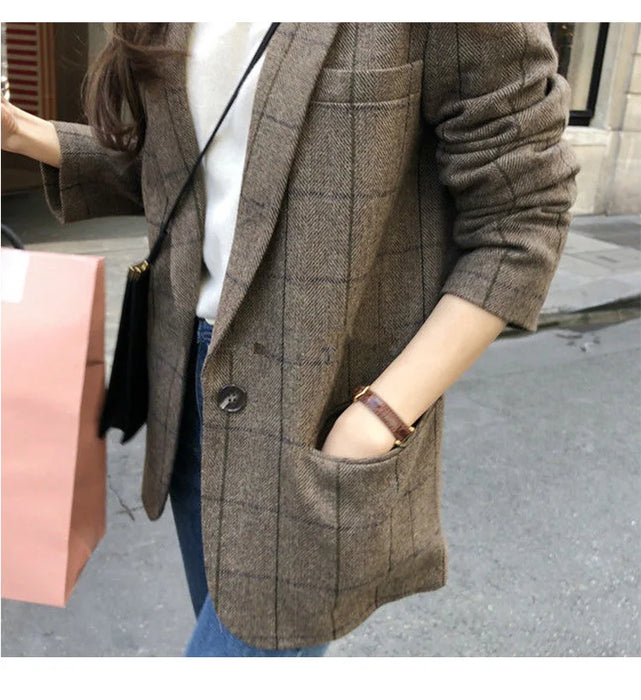 Plaid Blazer Women Jacket Korean Style Slim Long Sleeve