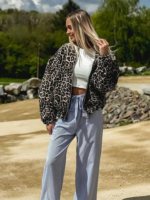 Fashion Leopard Zipper Long Sleeved Women's Jacket Retro Round Neck
