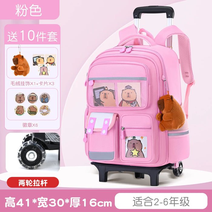 Capybara Children Cartoon School Backpack with Wheels Students Bags for Girls Boys Trolley  Schoolbag Rolling Wheeled Backpacks