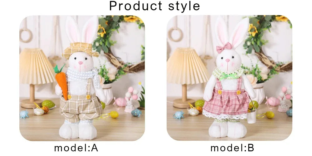 Easter Decorative Rabbit Cartoon Retractable Leg Couple Rabbit Doll Home Ornament Overalls Skirt Bunny Doll Easter Party Gifts
