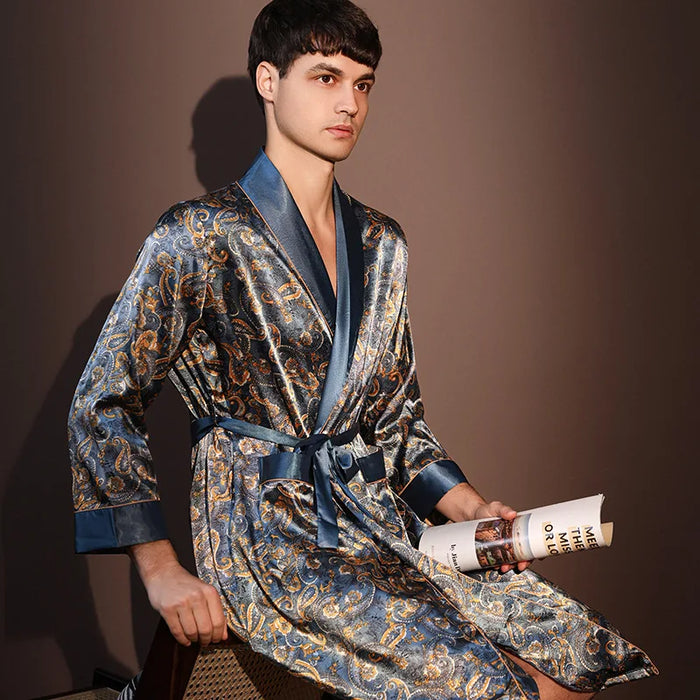 High Quality Nightrobes Men Summer Thin Bathrobe Large Size Ice Silk Printed Pajamas One-piece Robe Male Loungewear Gents Spring