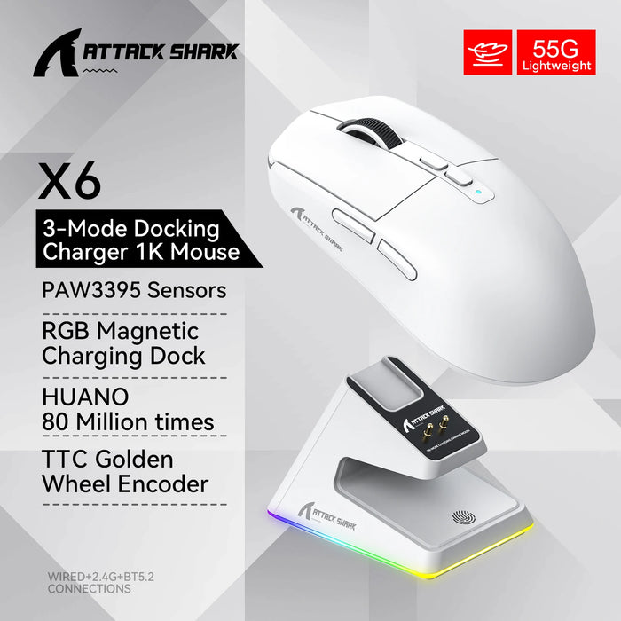 Attack Shark X6 PAW3395 Bluetooth Mouse,Tri-Mode Connection,RGB Touch Magnetic Charging Base