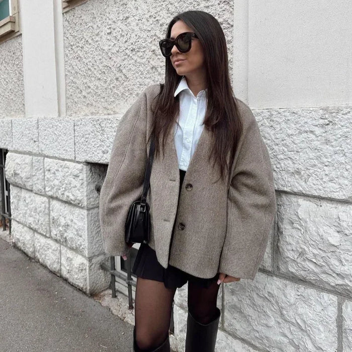 Women's Fashion V Neck Warm Coat Elegant Button Long Sleeve