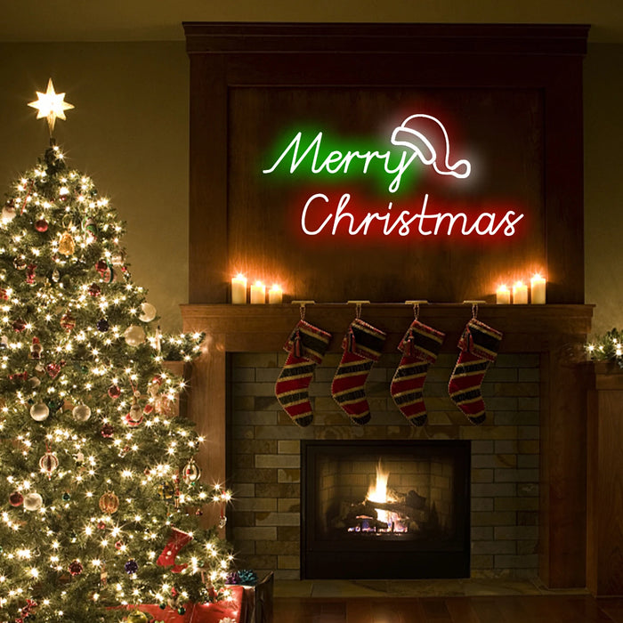 Merry Christmas Neon Sign Christmas Hat Dimmable LED Sign