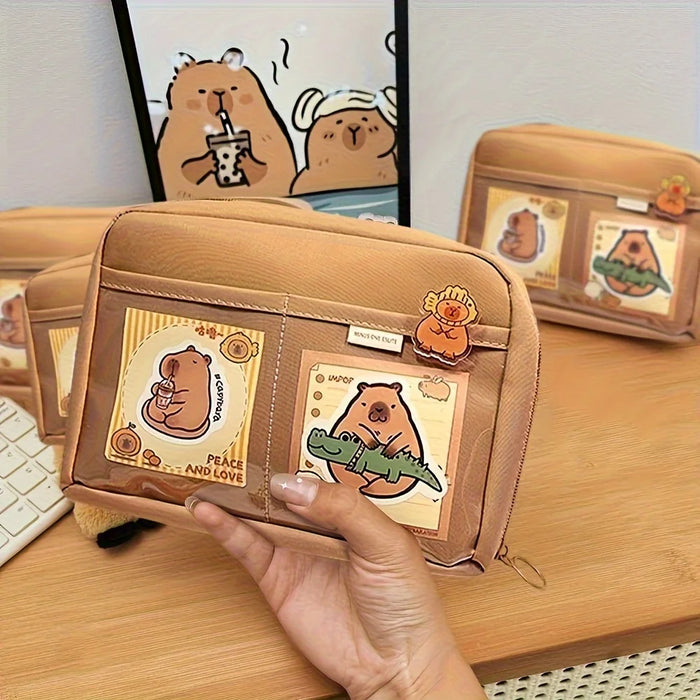 31pcs Capybara Stationery Set, Cute Capybara Pencil Case, Multi-Layer School Pencil Box with Stickers, Keychain, Brooch