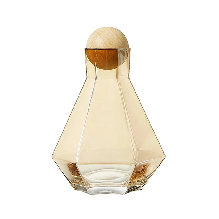 Nordic Diamond Shape Glass Water Kettle with Natural Wood Ball Lid Clear Cold Water Jug Juice Beverage Pitcher Home Drinkware