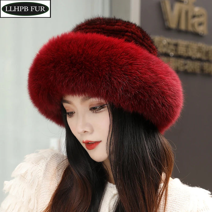 New Women Winter Luxury Knitted Real Mink Fur Bomber Hat Natural Warm Fox Fur Cap Girls Quality Soft 100% Genuine Mink Fur Hats