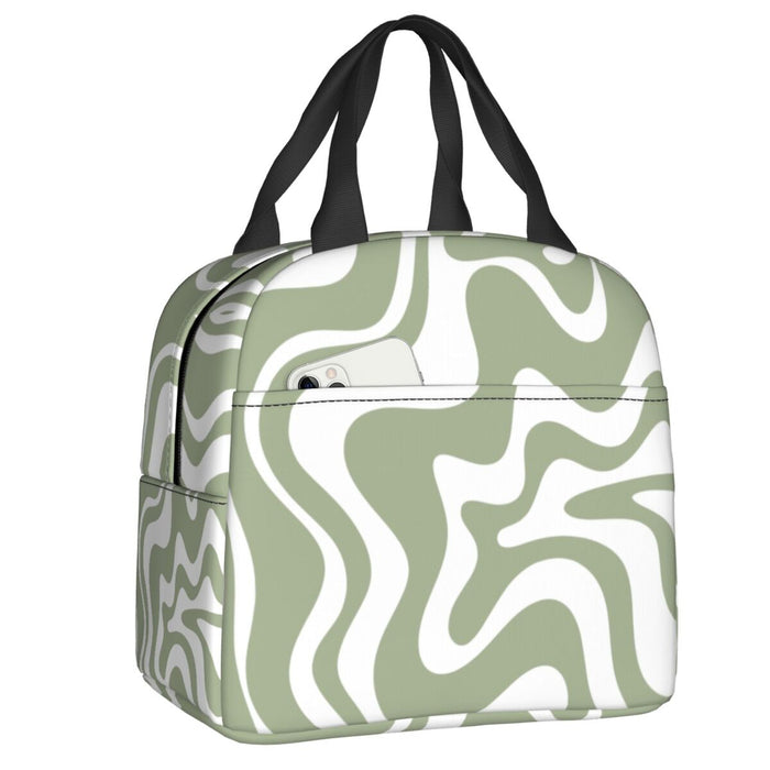 Geometric Liquid Swirl Abstract Pattern In Sage Green Insulated Lunch Bag