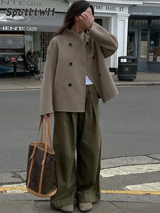 Retro Loose Casual Woolen Coats Double Breasted Stand Collar Short Jacket
